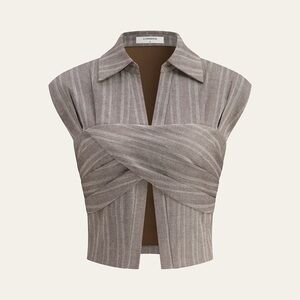 CoMMENSE Linen Blend Cropped Blouse with Cross Wrap Detail Brown Size Small NWt